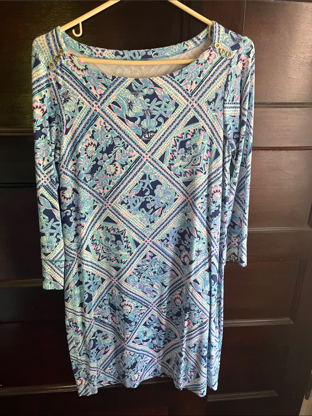Lilly Pulitzer Navy and Light Blue Printed Long-Sleeve Shift Dress